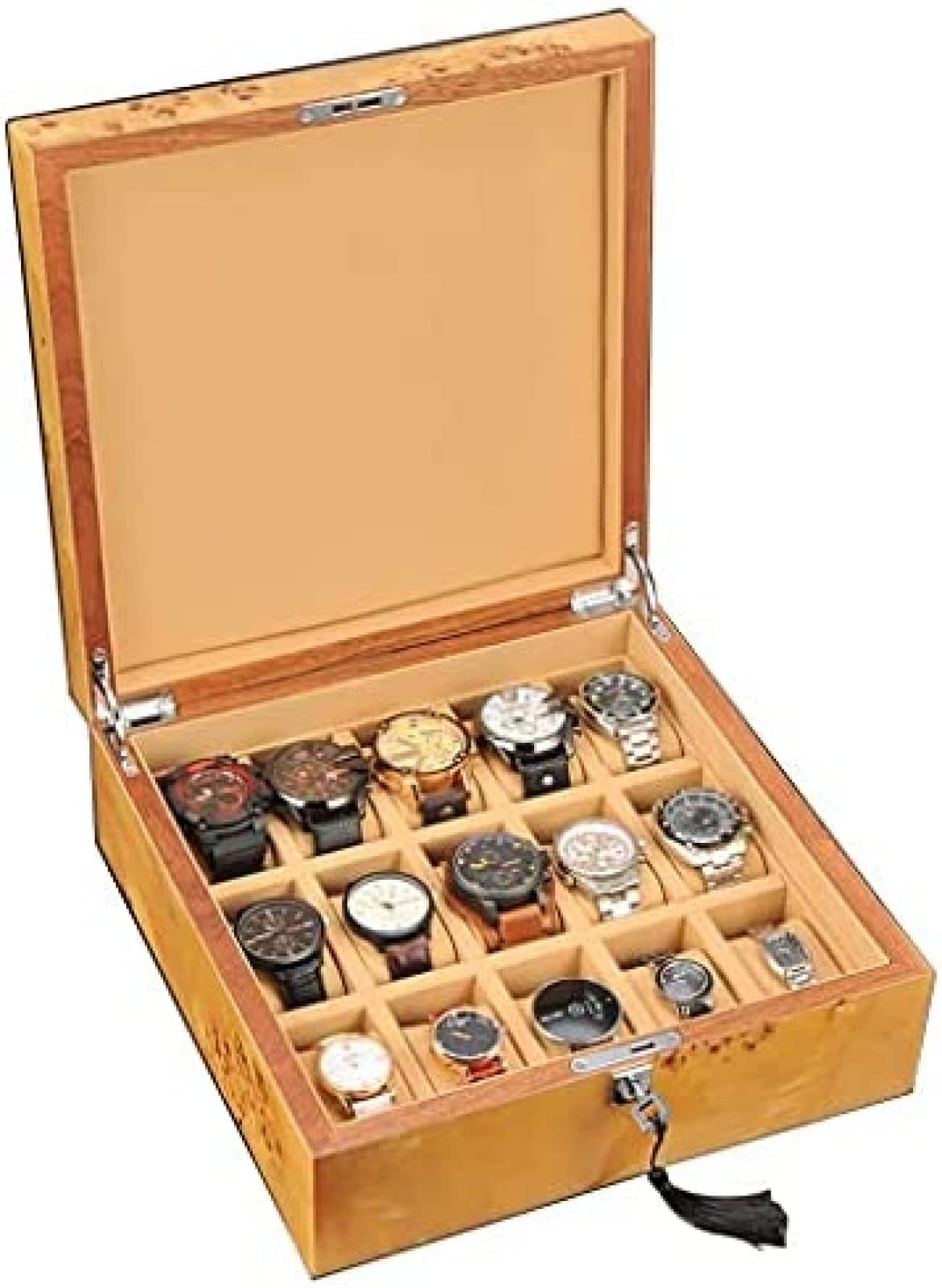 YNBSHGAA 15-Slot Wooden Watch Storage Box Large Capacity Watch Box with Lock Mechanical Watch Storage Case Birthday Gift for Friends,Beige,31.5×31.5×12.3cm,Beige-31.5×31.5×12.3cm