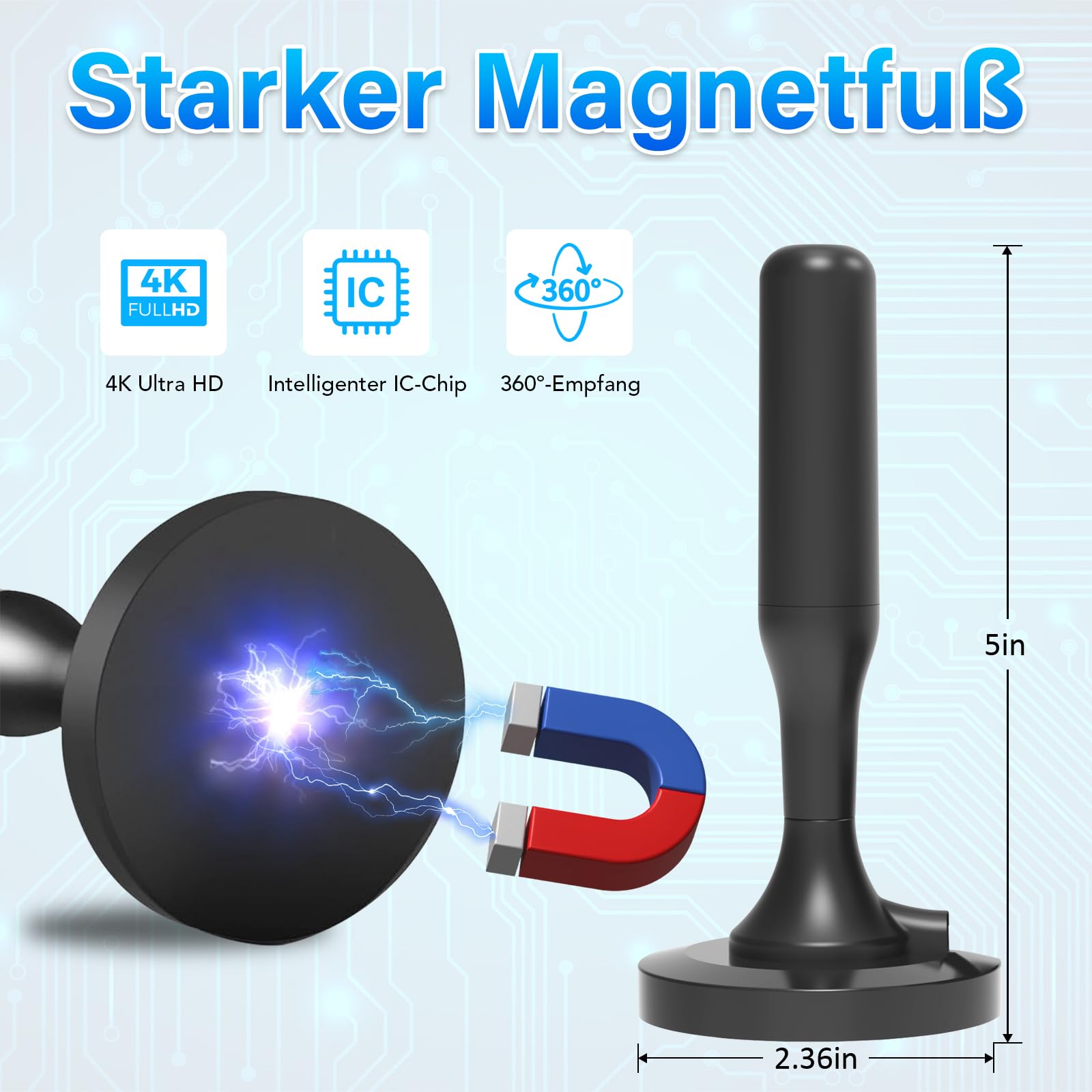 DVBT2 Antenne,Zimmerantenne für Fernseher, dvbt antenne Geeignet für lokale Sender, 360°-Allroundempfang, unterstützt 4K/1080P HD Digitale Kanäle,Mit Magnetfußl (Schwarzer Stab)