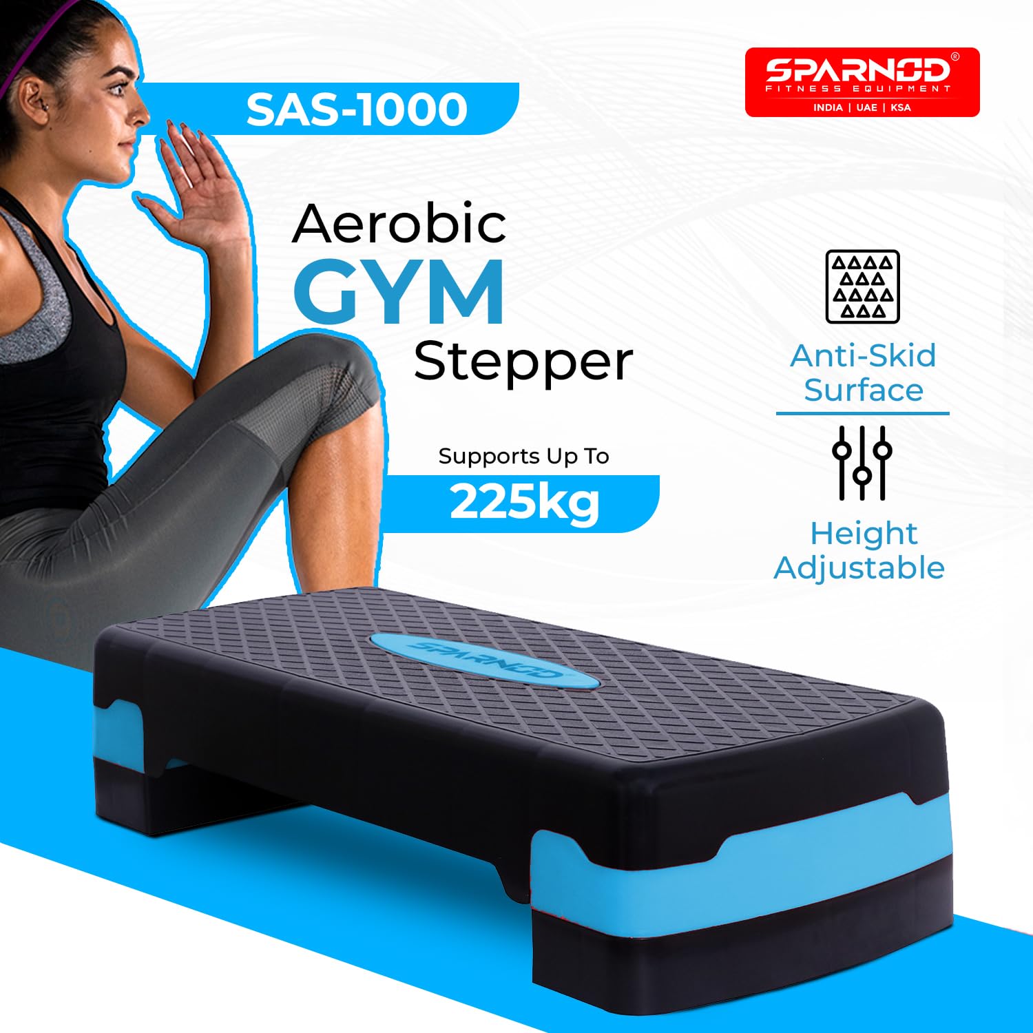 Sparnod Fitness SAS-1000 Aerobic Gym Stepper for Exercise at Home, Adjustable Height, Anti-Skid Surface, Supports up to 225 kg, Compact & Portable, Ideal for Cardio, Strength Training & Pilates (Blue) image 2