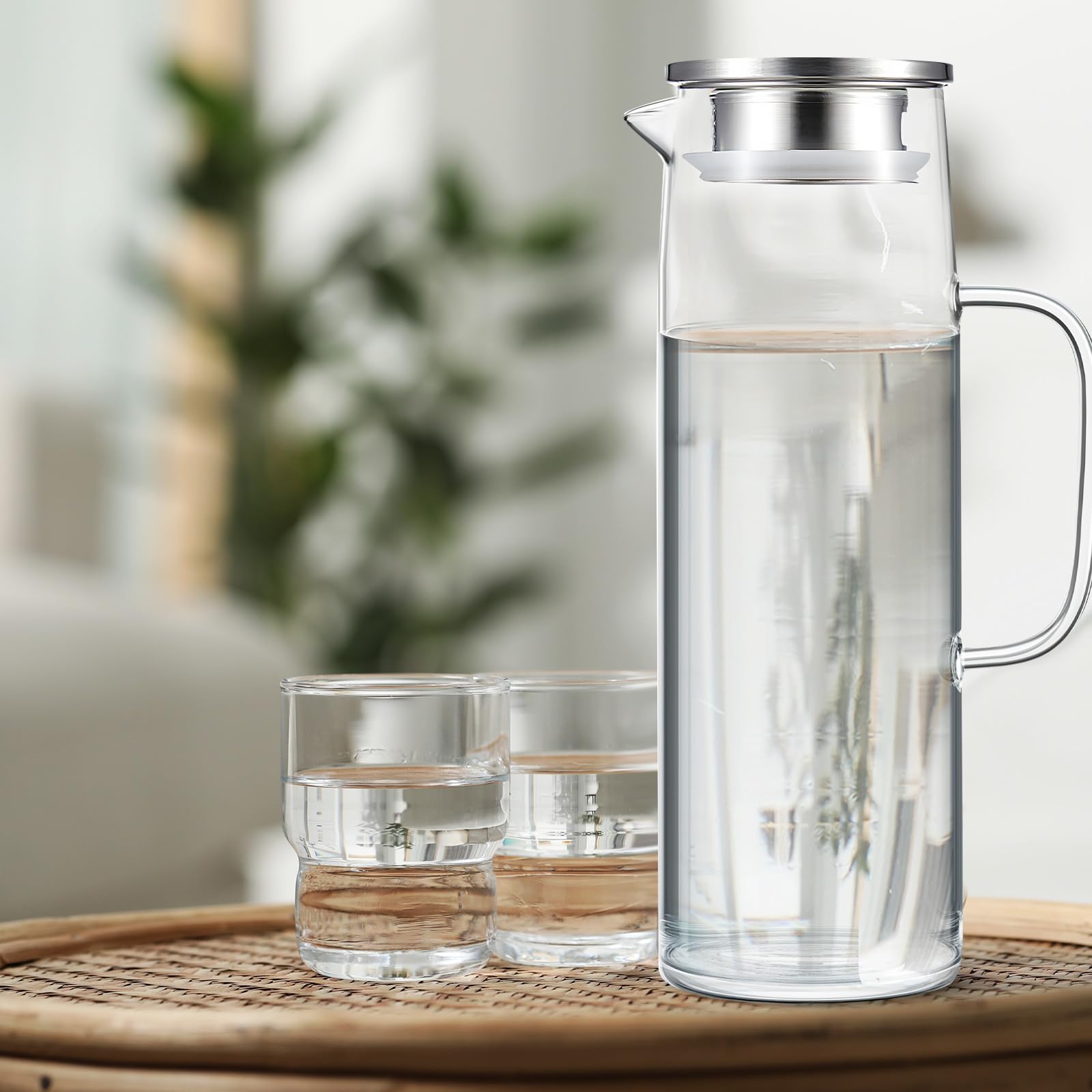 Hsei 2 juegos de jarra de vidrio con tapa, jarra de agua de 1500 ml con asas para bebidas frías y calientes, jarra de vidrio para té, jugo, leche, café, bebidas heladas