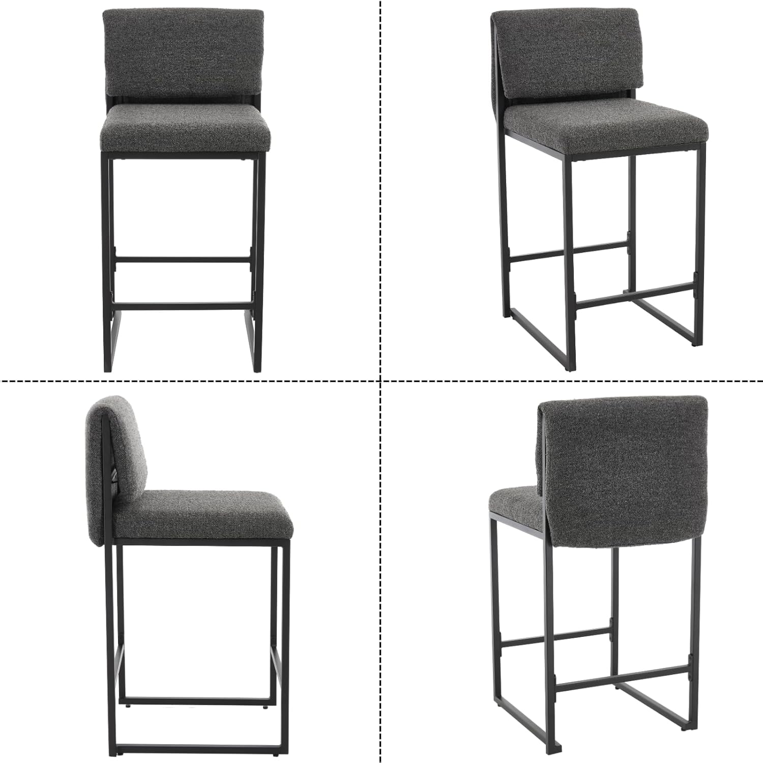 Ya-Home Modern Barstools Set of 2, 26” Upholstered Counter Height Bar Stools Sherpa Fabric Counter Stools with Padded Back Metal Frame for Kitchen Island Dining Room, Black