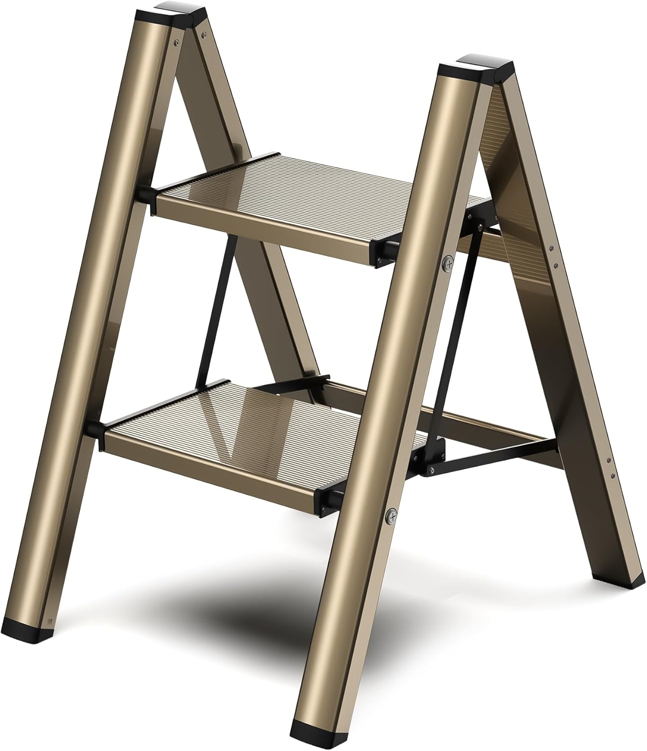 GameGem 2 Step Ladder, Folding Step Stool with Wider Pedal, Anti-Slip Feet & Non Slip Stripes, Aluminum Sturdy Material, 300Lbs Capacity, Elegant Look of Champagne Gold Better Matches Your Home Champagne Gold 2 Step