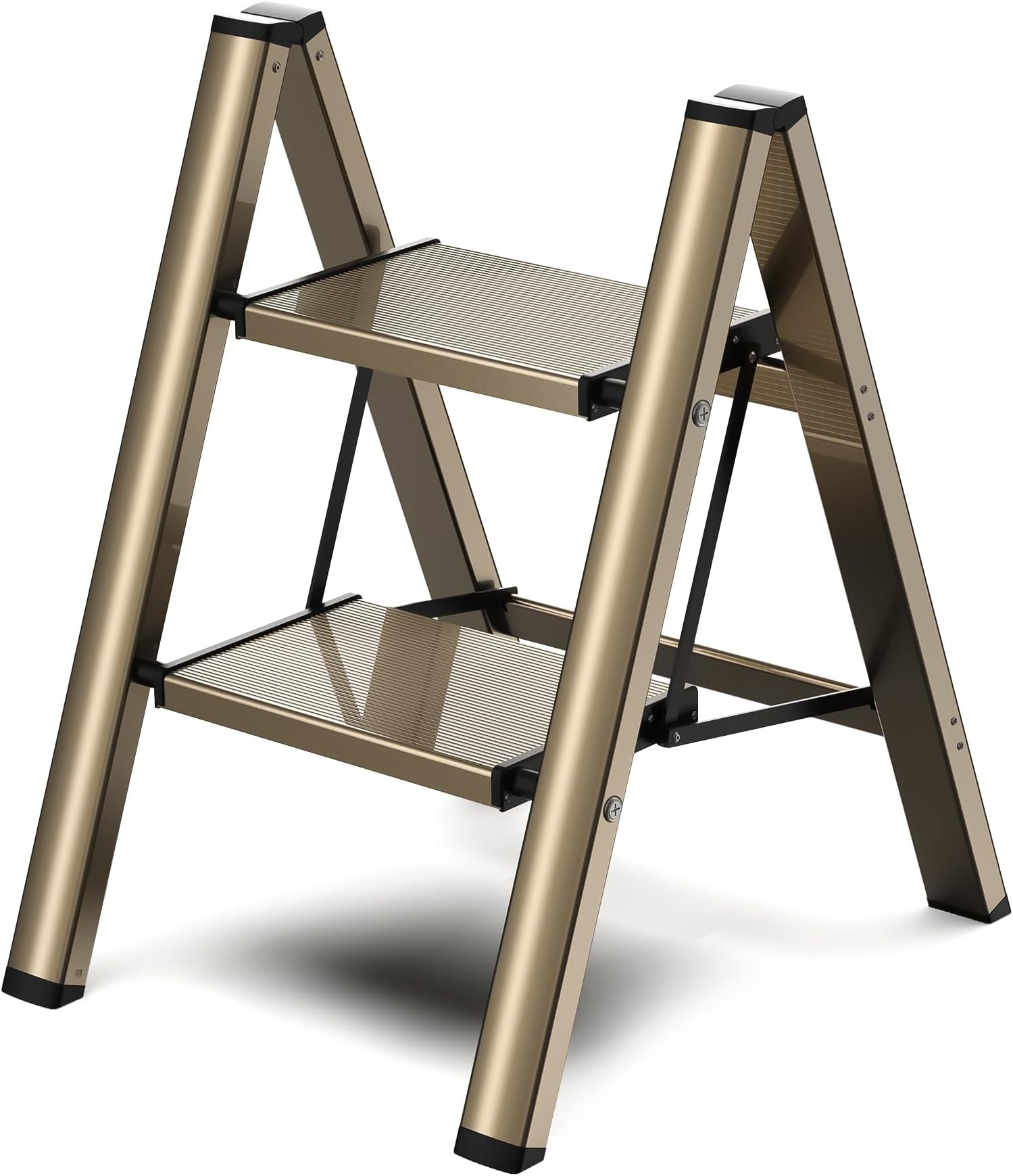 2 Step Ladder, Folding Step Stool with Wider Pedal, Anti-Slip Feet & Non Slip Stripes, Aluminum Sturdy Material, 300Lbs Capacity, Elegant Look of Champagne Gold Better Matches Your Home