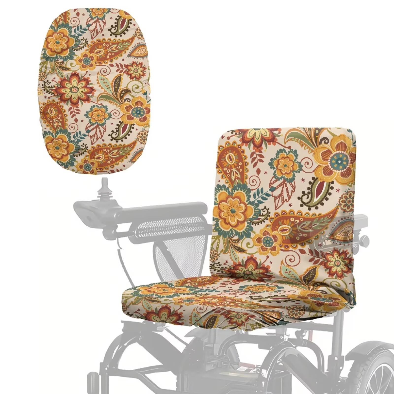 Poceacles Mobility Scooter Seat Cover All-Weather Protection Electric Wheelchair Seat Cover from Sun Rain Dust UV, Heavy Duty Electric Scooter Slipcover, 90 x 46 CM, Paisley Flower Orange Beige โ image 1