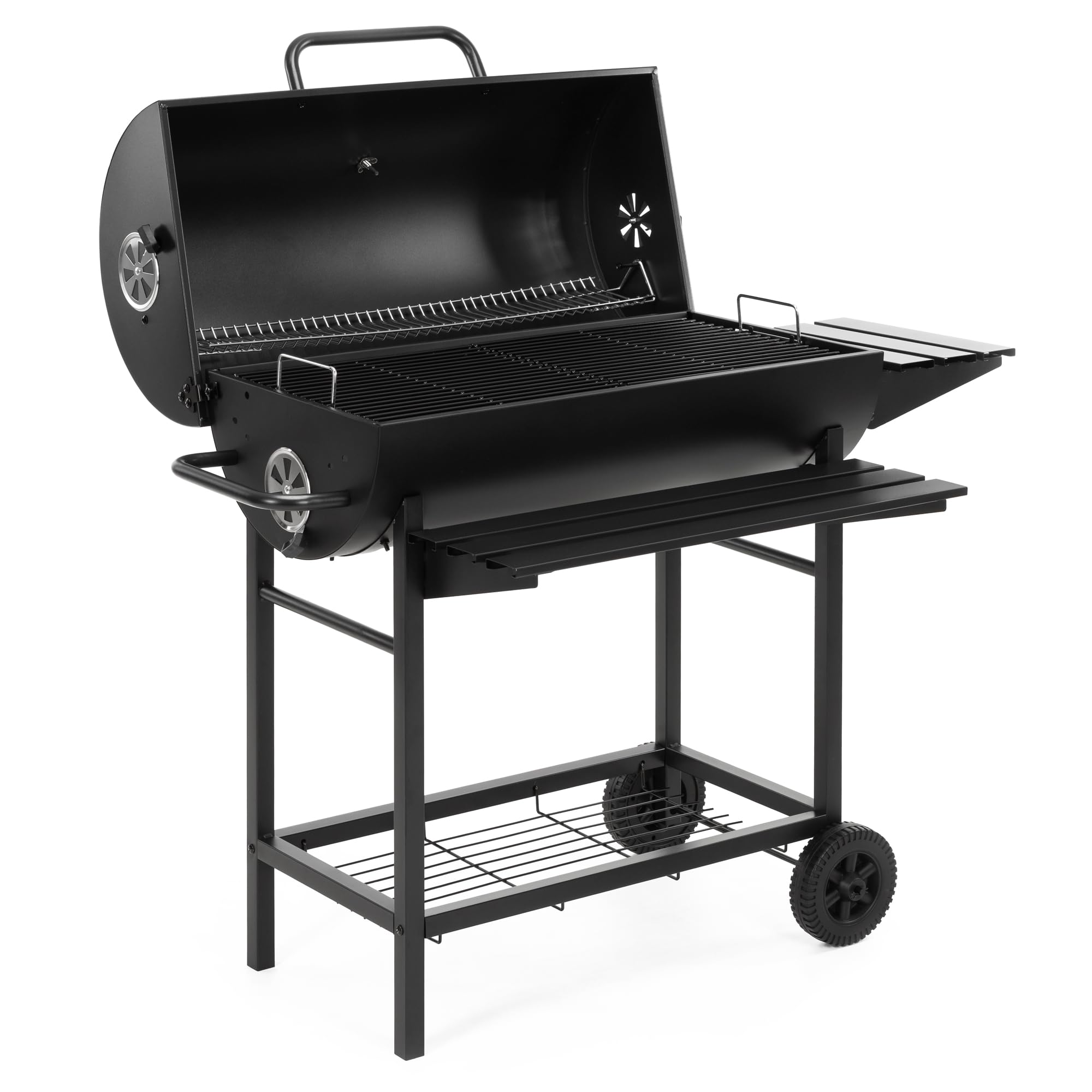 Springos Grill na węgiel drzewny, grill na kółkach z kółkami, z regulacją wysokości, misa węglowa, termometr, ruszt do podgrzewania, półki boczne, BBQ Smoker, grill ogrodowy na taras, kemping, balkon