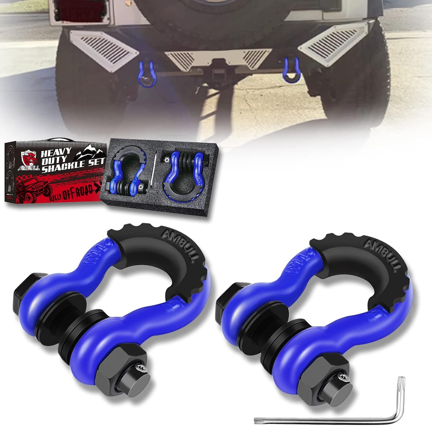 AMBULL Shackles 3/4" D Ring Shackle (2 Pack) 45,000lb Break Strength with 7/8" Pin, Anti Theft Security Screws, Isolator & Washer Kits for Use with Tow Strap Winch Truck Vehicle Recovery, Blue