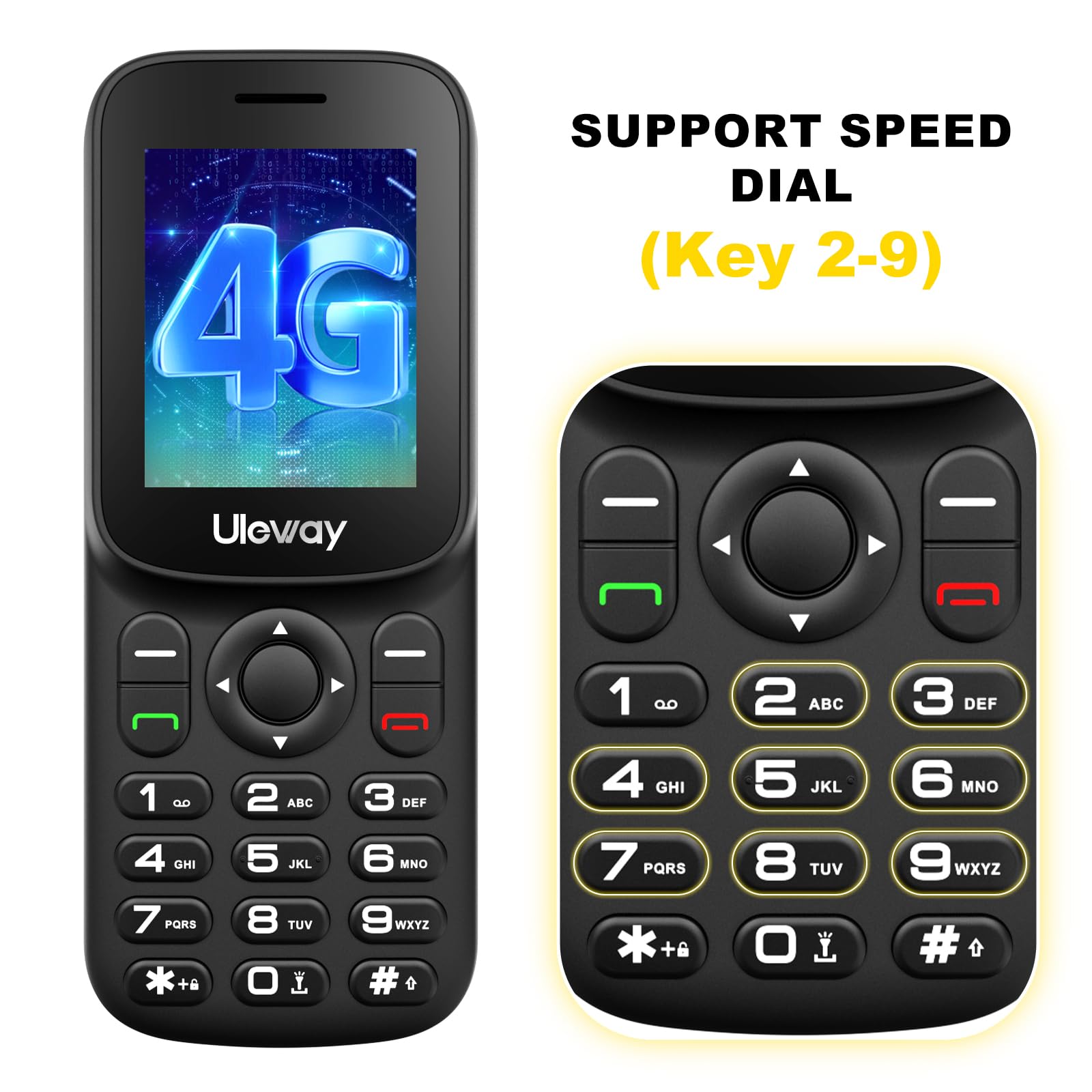 ukuu Cellulare 4G per anziani senza contratto, con tasti grandi, con lunga durata della batteria da 1000 mAh, display a colori da 1,8 pollici, con torcia (nero)