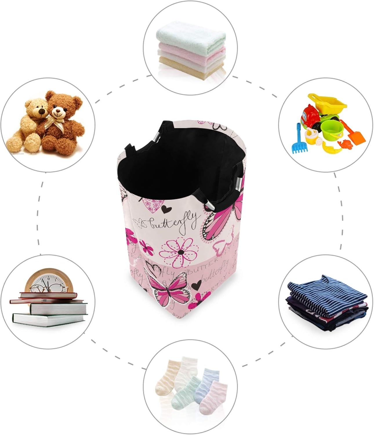 ALAZA Large Laundry Basket Pink Butterfly Laundry Bag Hamper Collapsible Oxford Cloth Stylish Home Storage Bin with Handles, 22.7 Inch