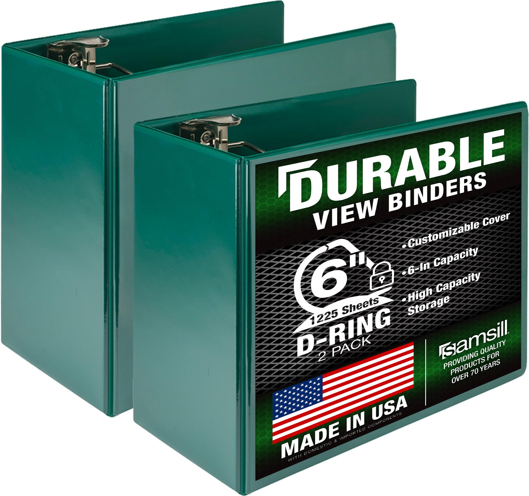 Samsill Durable 6 inch 3 Ring Binder, Locking D Ring Binder, Customizable Clear View Cover, Green, 2-Pack, Holds 1225 Pages