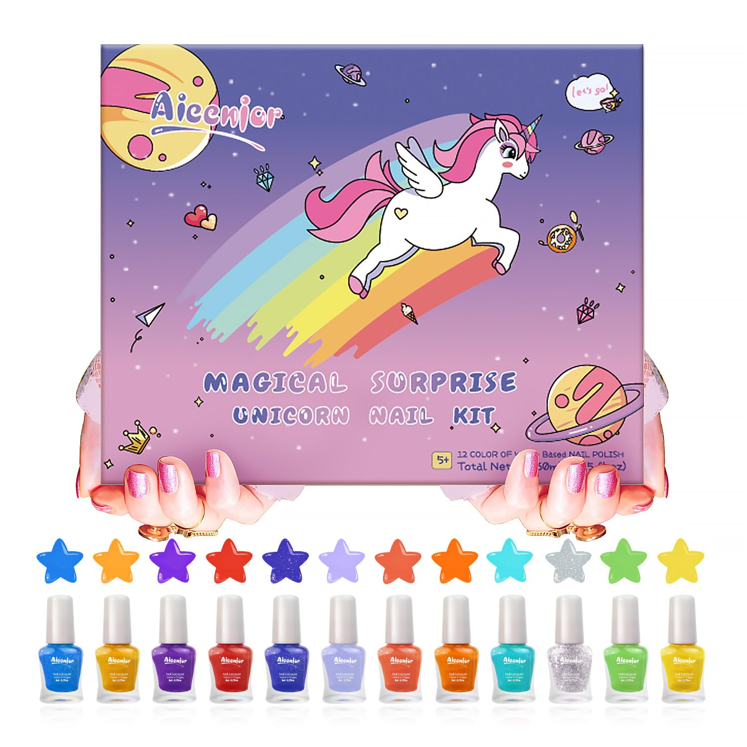 AieenjorKids Nail Polish - 12 Color Kids Nail Polish Set for Girls, Quick Dry Non Toxic Peel-Off Water Based Toddler Nail Polish, Rainbow Colors Gifts Nail Polish for Kids Ages 4-6