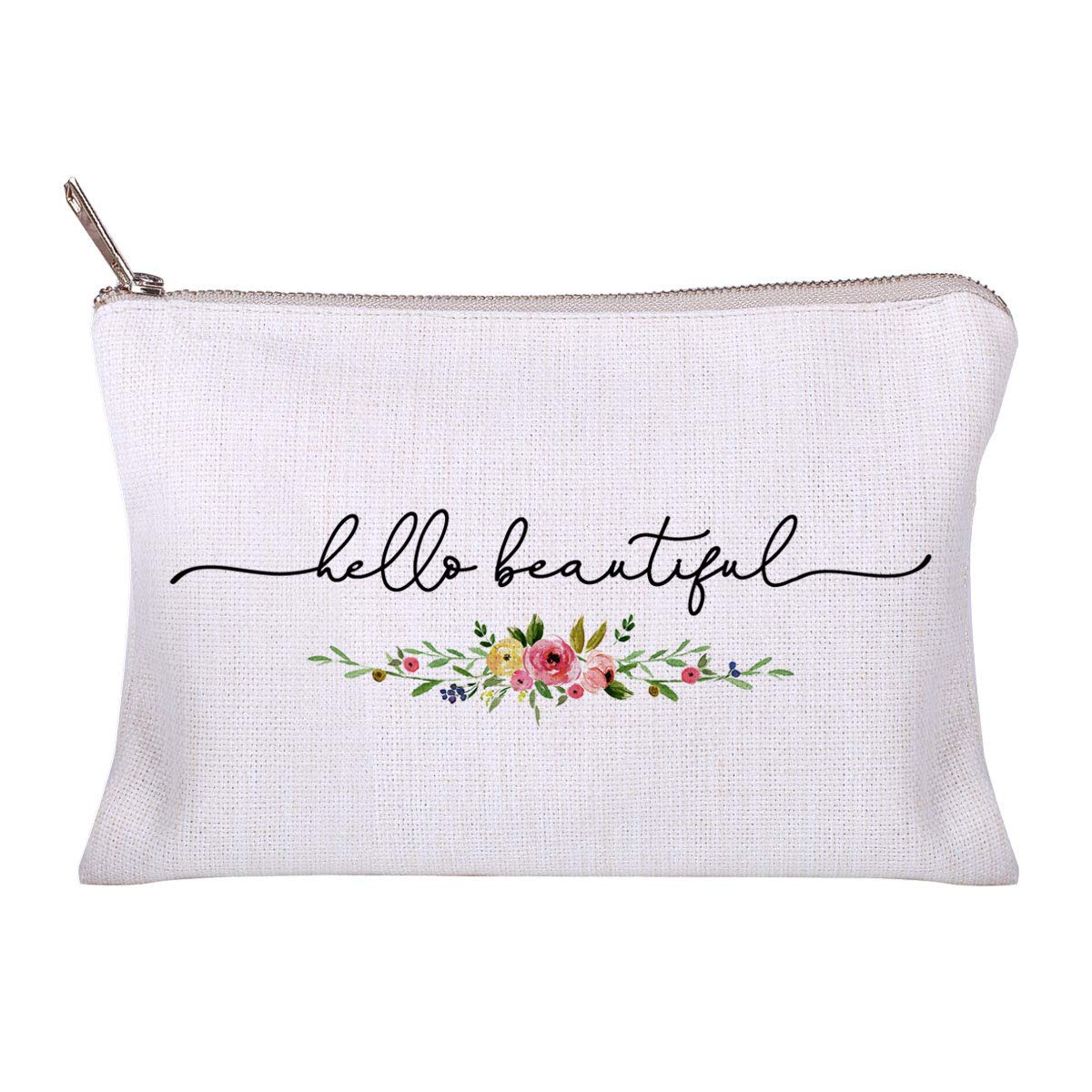 Hello Beautiful Makeup Case for Her Gift Cosmetic Pouches Flower Print Simple Accessories Bag
