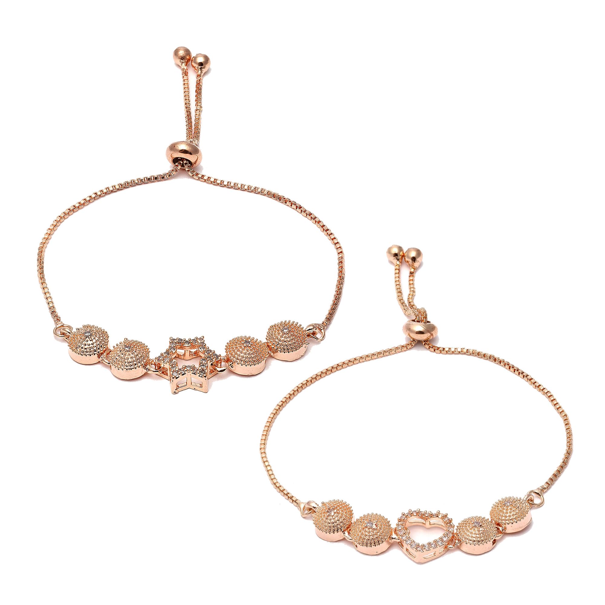 ZENEME Set of 2 Rose Gold Plated Brass American Diamond Adjustable Contemporary Bracelet Jewellery with Pull-Chain for Women & Girls (Heart & Star Bracelet) (B0D8GZ3942) Amazon Price History, Amazon Price Tracker