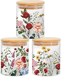 3Pcs Vintage Floral Glass Storage Jars with Airtight Lid Wildflower Deco...