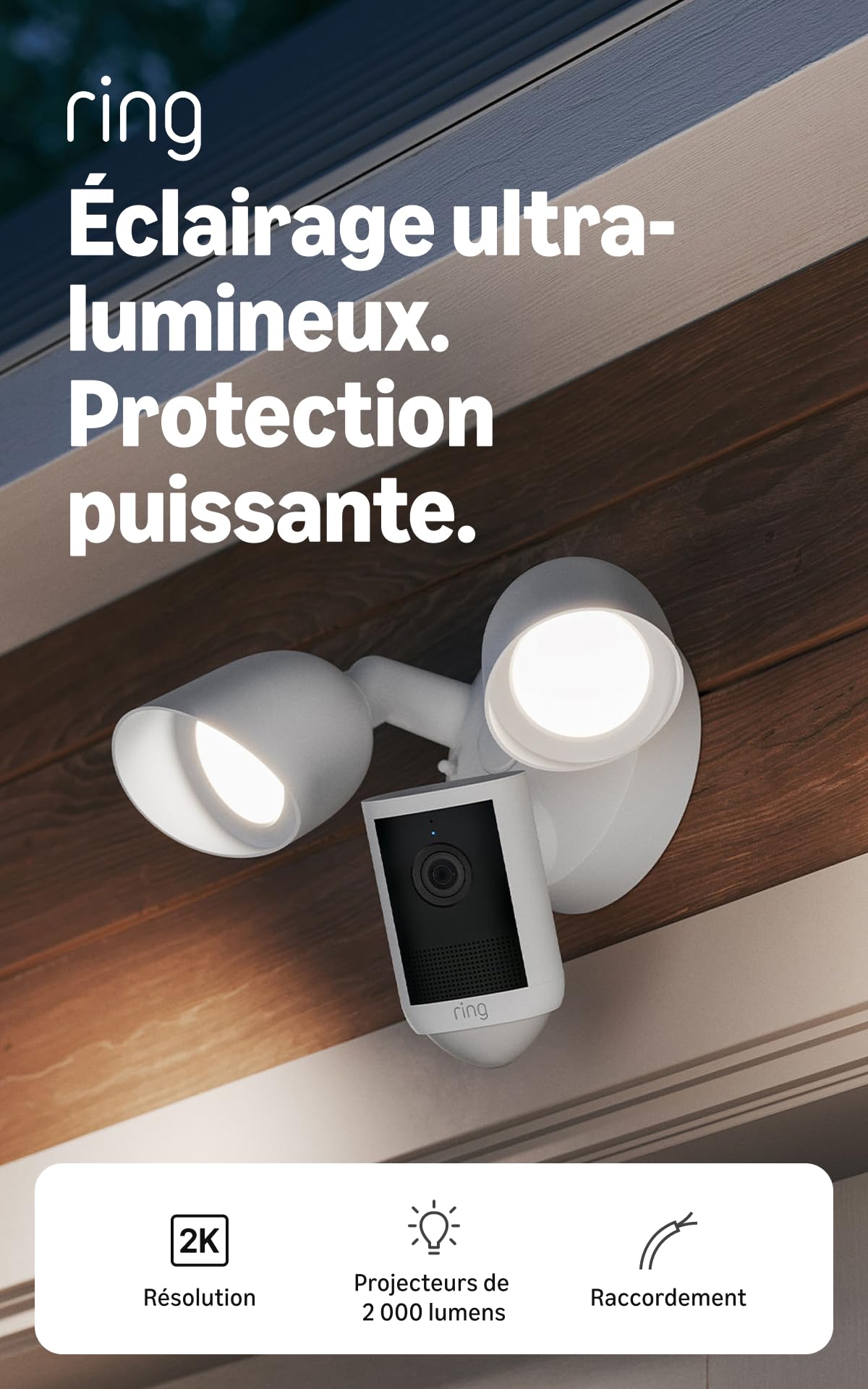 Ring Caméra Floodlight (Floodlight Cam), raccordée (nouvelle génération), Vidéo Retinal 2K grand-angle, Zoom amélioré x6, Projecteurs ultra-lumineux, Essai gratuit de 30 jours à l'abonnement Ring