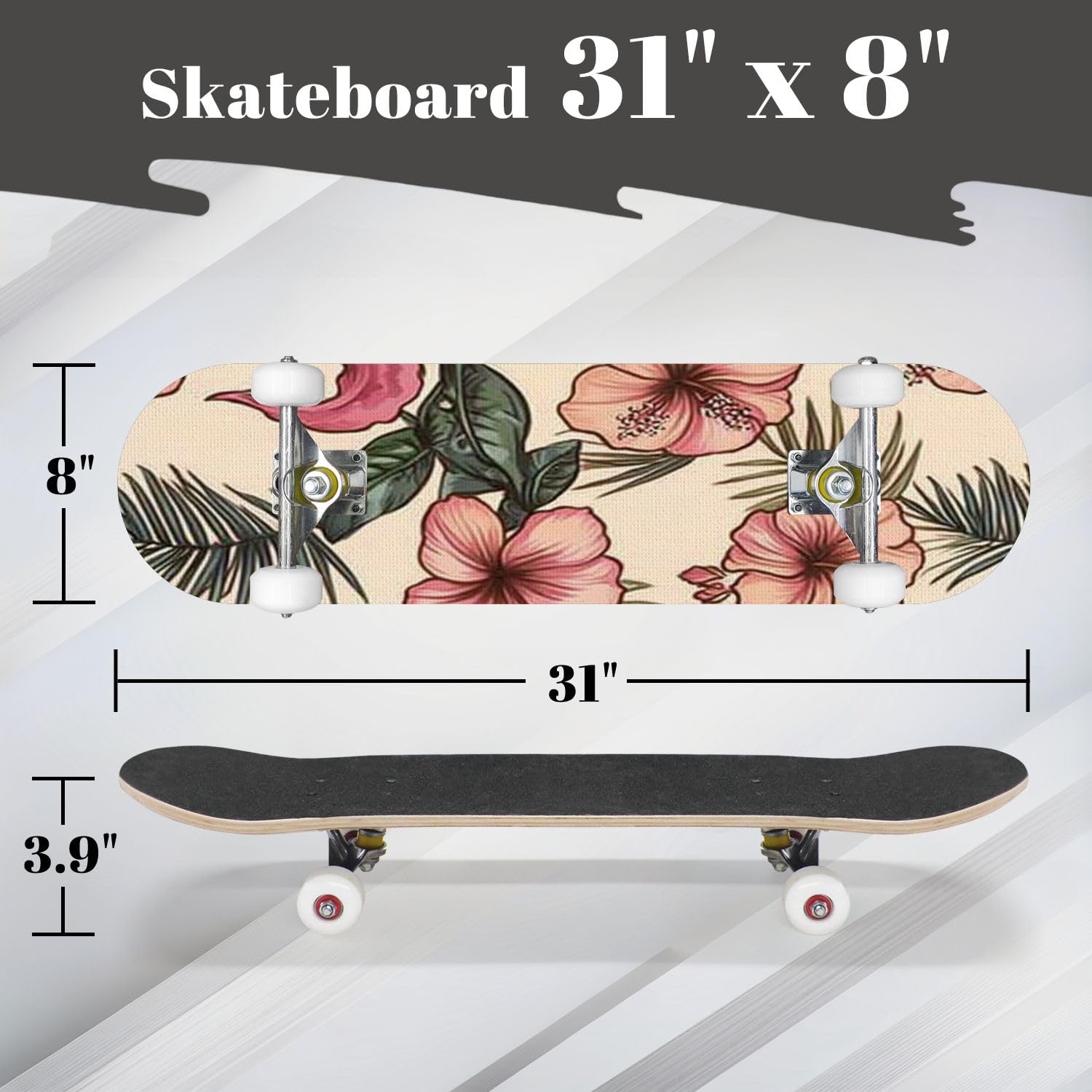 Complete Skateboard with Tropical Light Vintage Seamless Beautiful Hibiscus Monstera Palm Beginner Skateboard 7-Layer Maple Wood Double Kick Concave Skateboards for Kids, Adults, Teens 31