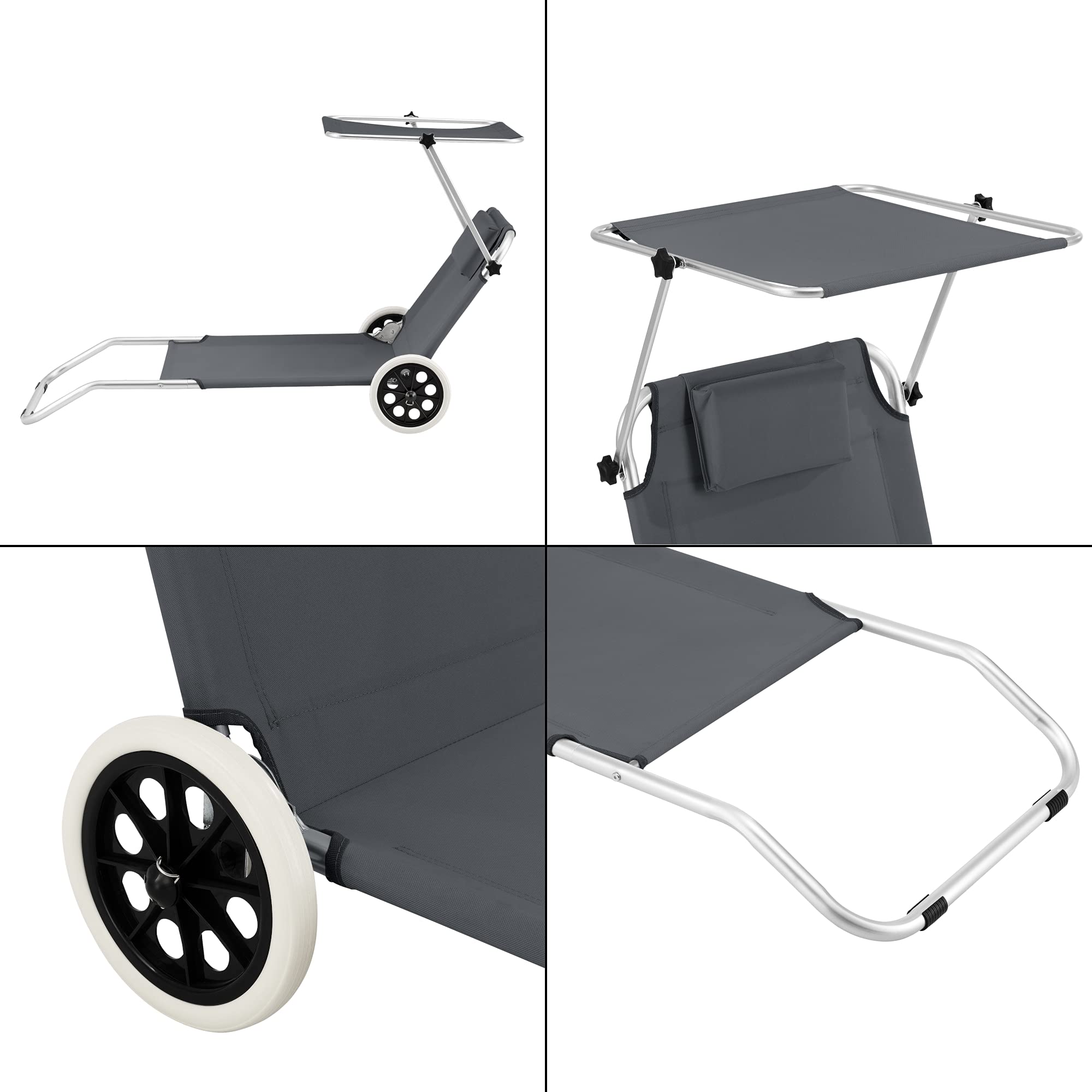 [en.casa] Sonnenliege Lazkano mit Rollen 150x62cm Gartenliege Liege Strandliege Aluminium Dunkelgrau