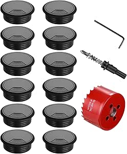 12 Stück Kabeldurchführung Schreibtisch, Kabeldurchführung mit Lochsäge 60mm, Kunststoff Kabeldurchlass, Tisch Kabeldurchführung Rund, Kabel Durchführungen für Tisch Büro Arbeitsplatten(Schwarz)