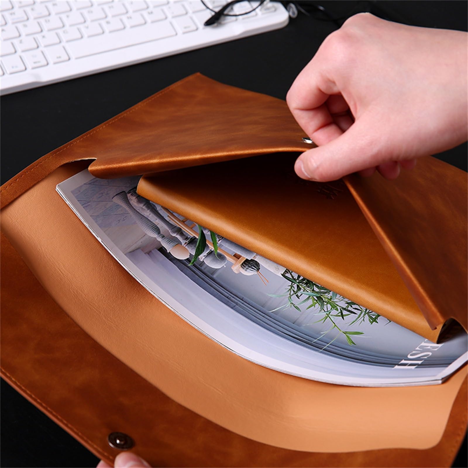 LYVQZPWLRcartella PU pelle, Cartelle portadocumenti A4 in similpelle, borsa portadocumenti da ufficio impermeabile con bottone a pressione(Bruin)