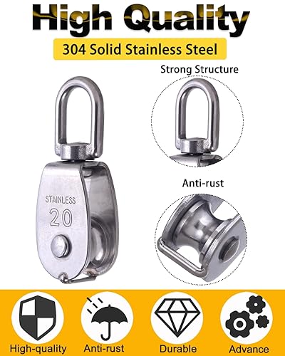 Miniatura 4 de Rocaris Paquete de 4 bloques de polea individual M20, polea simple y polea doble, cuerda de alambre de acero inoxidable 304, gancho giratorio