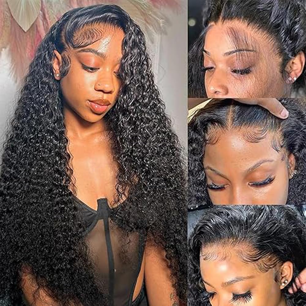 32 Inch Echthaar Perücke Damen Human Hair Wig Lace Front Wig 13X4 Transparent Lace Natural Black Curly Wave for Women Glueless Wear and Go Minimal Smell Low Shedding