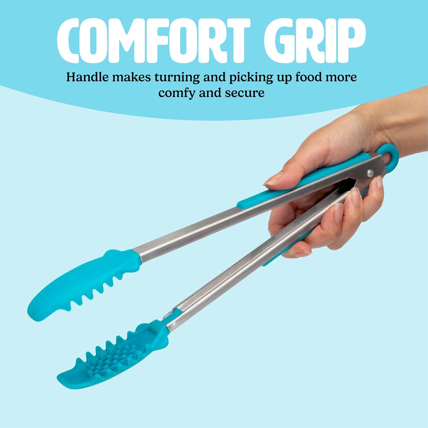 Tasty Mighty Tongs 12-Inch, Steel Reinforced Silicone Teeth, Heat Resistant to 400°F, Safe for Non-Stick Surfaces, Locking Design for Easy Storage, Dishwasher Safe, Blue