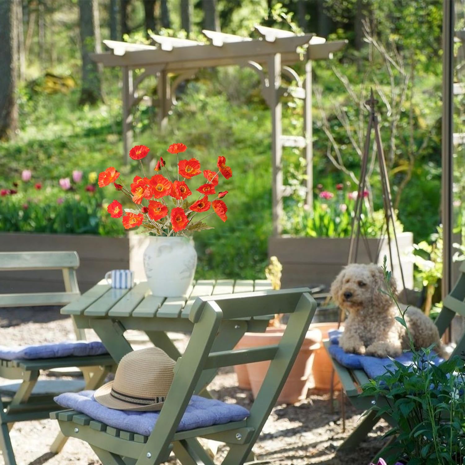 JINWOE Flame Dark Orange Artificial Poppy Silk Flowers, 6Pcs Lifelike Faux Poppies Stems Flowers for Decoration, Long Stems Faux Bouquet for Indoor Table Centerpiece Kitchen Wedding Home Cemetery