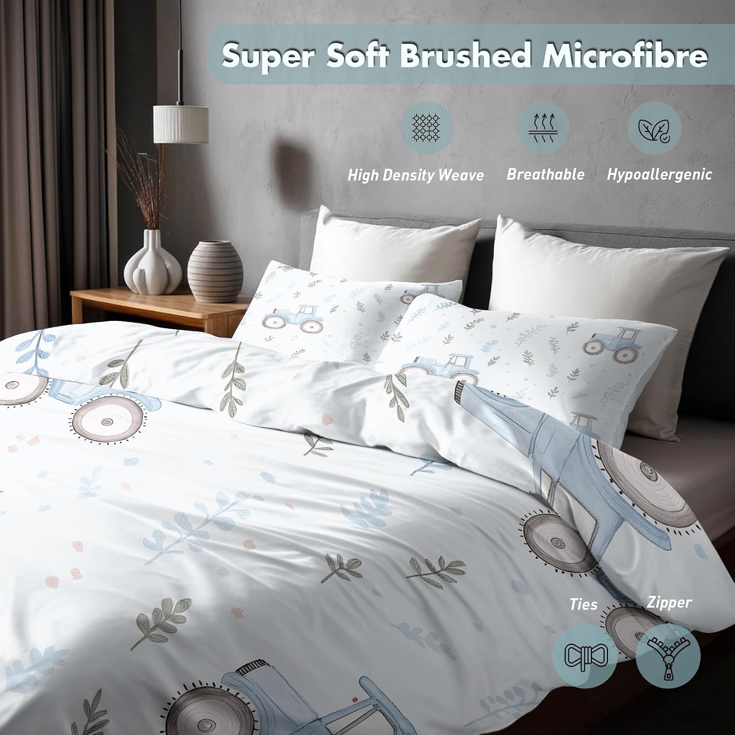Kids Tractor Duvet Cover Twin Size, Construction Car Bedding Set 3 Pcs (2 Pillow Shams), Super Soft Microfiber Bedroom Decor, Zipper & Ties S#1315