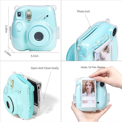 Miniatura 5 de CAIYOULE Funda transparente para cámara Fujifilm Instax Mini 7+ con bolsillo trasero de almacenamiento de fotos, espejo selfie, calcomanías y correa