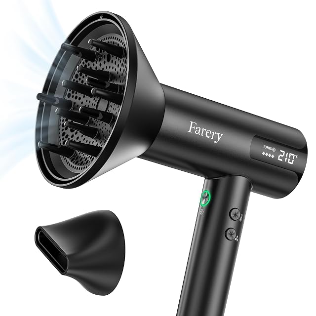 Farery Ionic Hair Dryer - Honeycomb Diffuser for Curly Hair Even Lift 1400W 110 000 RPM for Ultra-Fast