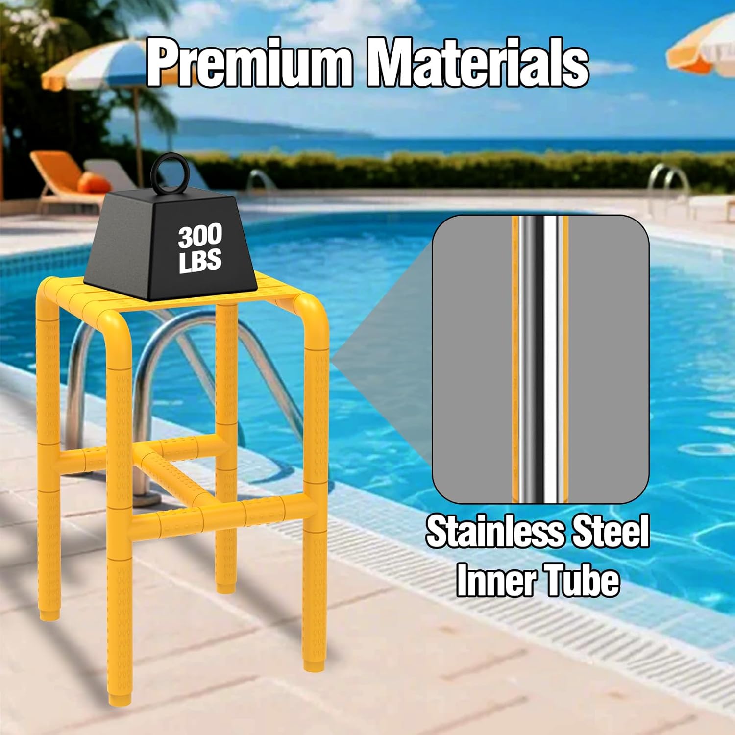 24 Inch Underwater Pool Stool for in-Pool Seating & Relaxation, Heavy Duty Submerged Pool Chair for in Pool, Ideal for Pool Lounging, Pool Bar, Poolside Chair with Foot Rest for Edge of Pool (Yellow)