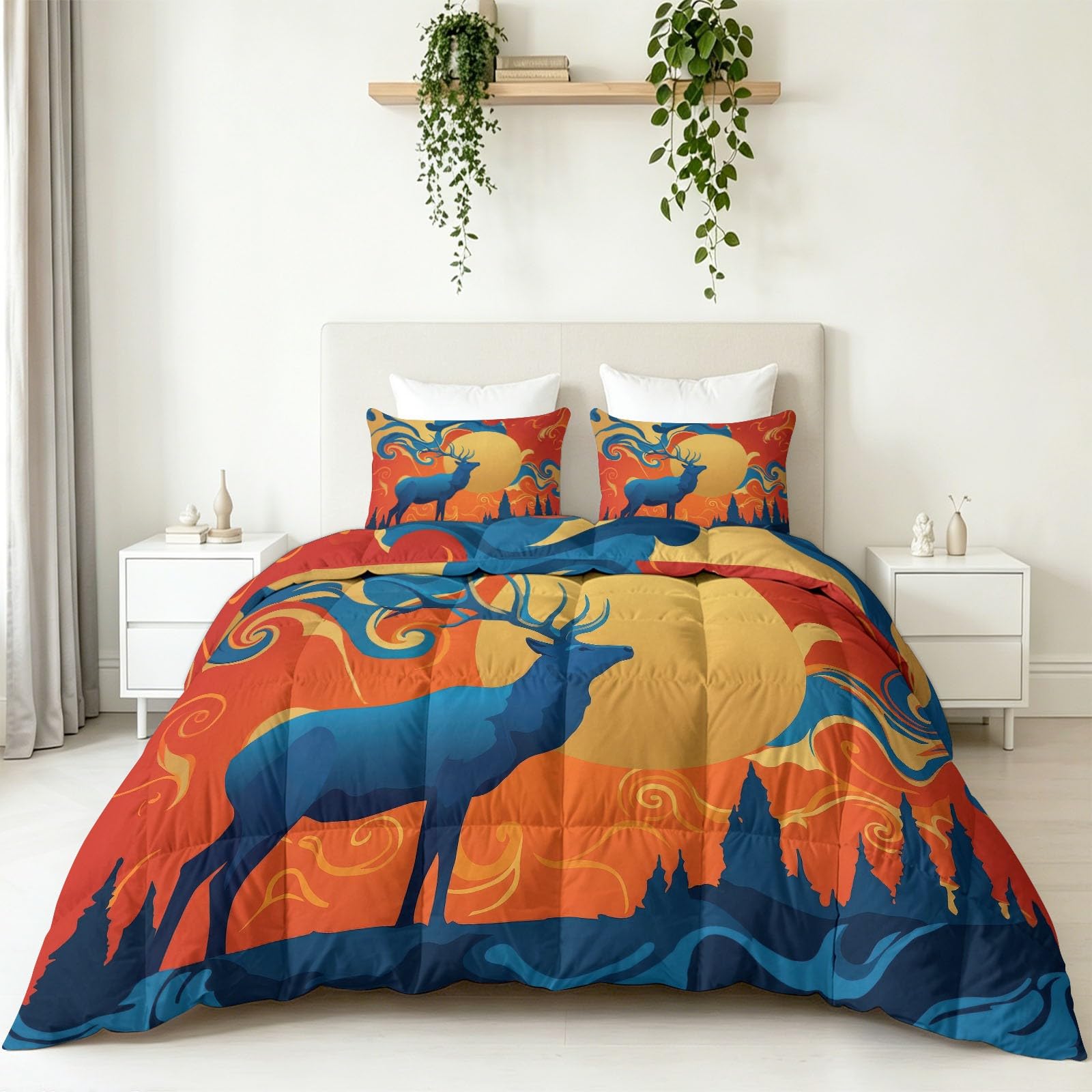 Art Deco kołdra całoroczna 135 x 200 cm, kołdra pikowana - kołdra bez poszewki w stylu vintage, zwierzęta, niebieski, łoś, krętliwa chmura, świecąca pomarańcza, na 4 pory roku, nadaje się do prania