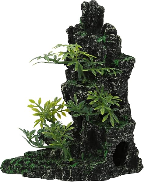Aquarium Decorations Mountain View Stone Ornaments - Large and Tall Fish Tank Decor with Artificial Grass, Realistic Rock Cave Ornaments for Small Fish Hideout, Natural Fish Tank Accessories - 1