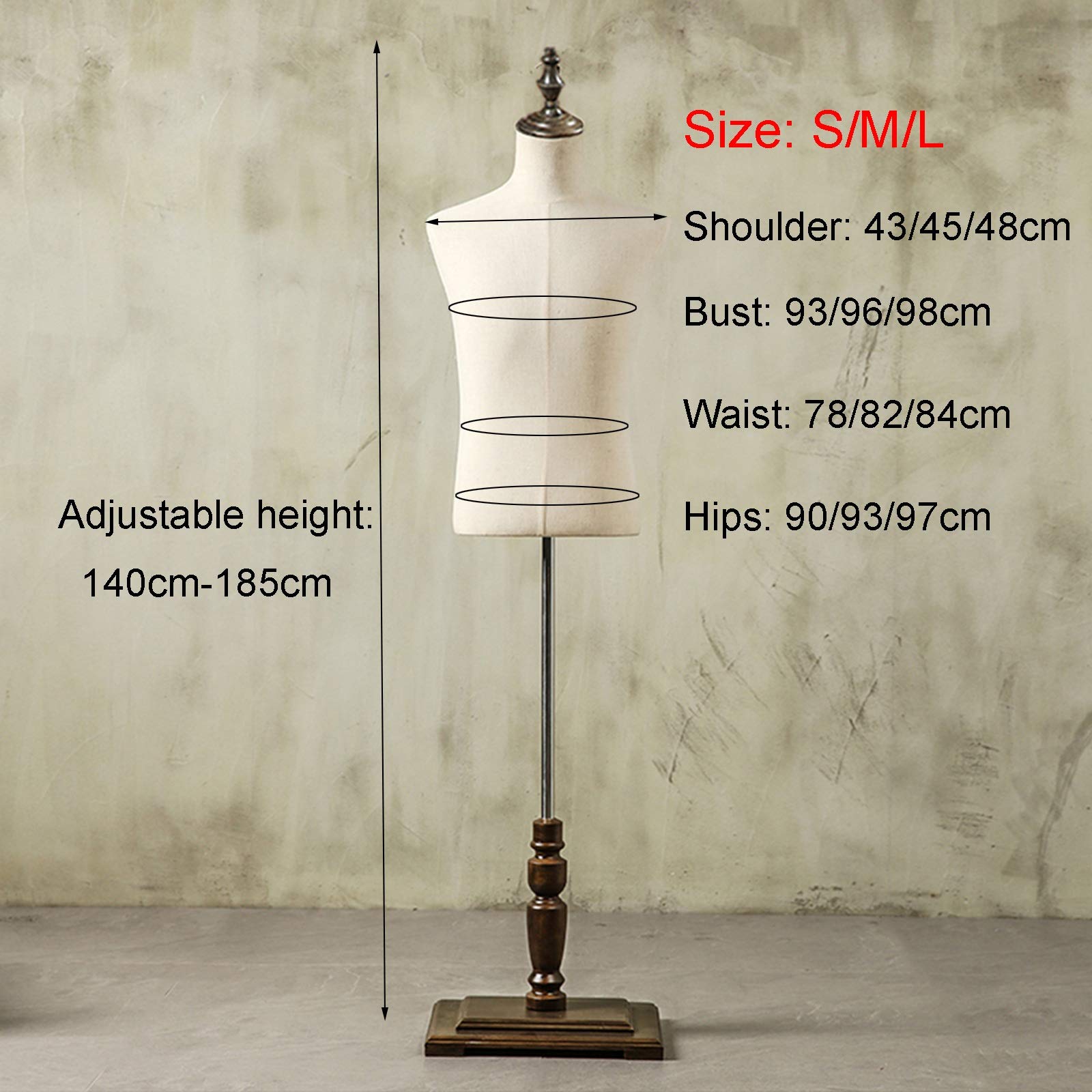 UMJIGF Mannequin Torso, Solid Wood Arm Black Solid Wood Square Bottom ABS Double Hole Design Adjustable Height, Full Body Dummy Human Body Display Model Stand (Color : B, Size : S),
