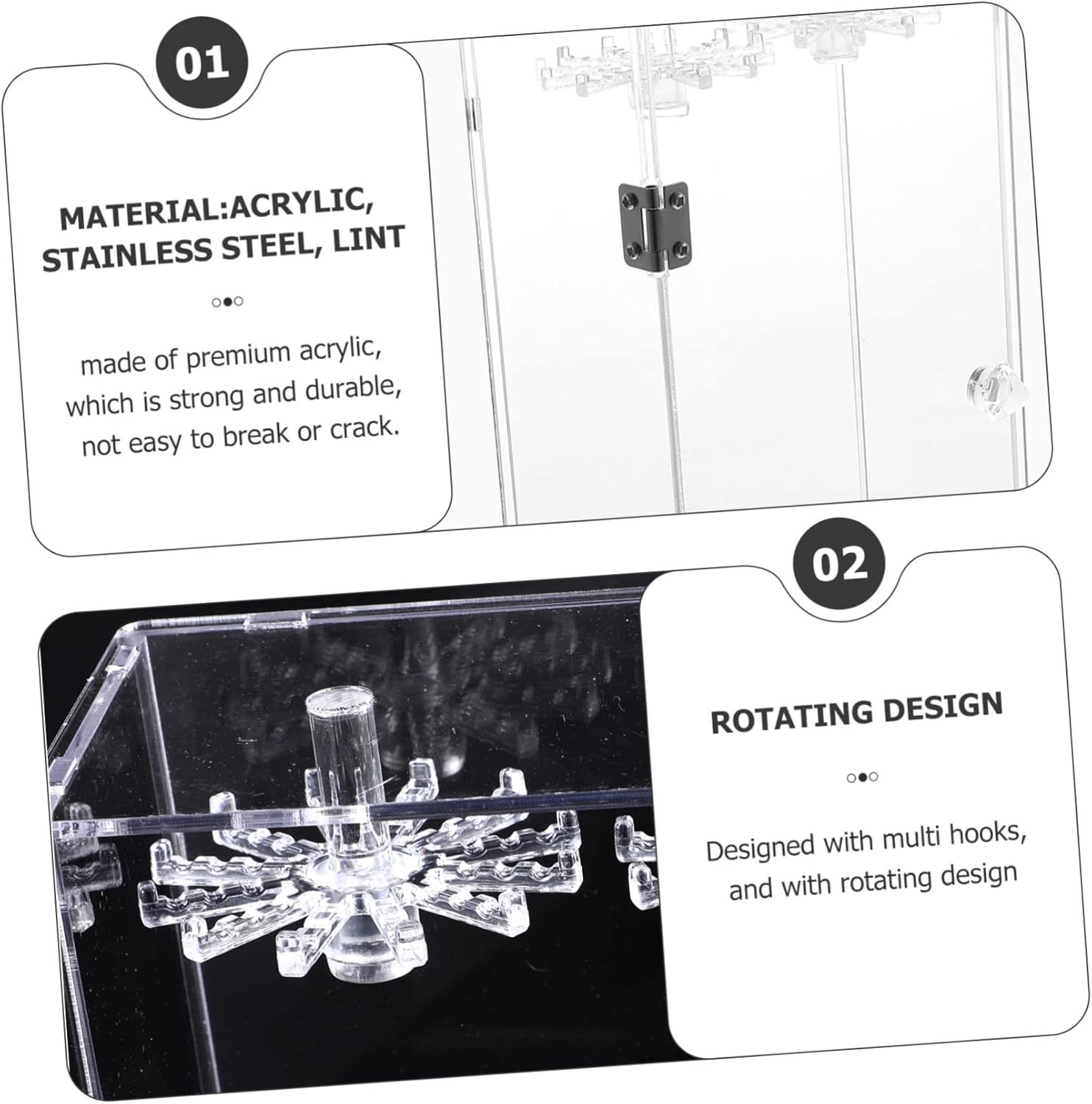 BESTYASH Hook Rotating Transparent Acrylic Jewelry Holder with Lint Tray Clear Necklace Organizer Stand for Pendants Rings Earrings Storage and Display Dustproof Multifunctional Jewelry