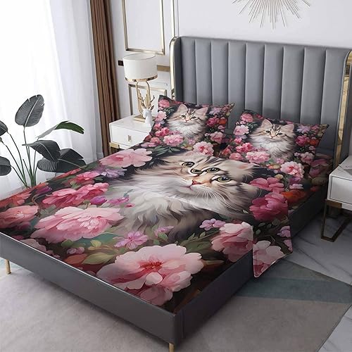 Miniatura 8 de California King Sheet Sets - Cat Bed Sheets, Cute Kitten and Cherry Blossom Bedding Sheets & Pillowcases, Soft & Deep Pocket & Wrinkle Free Sheet