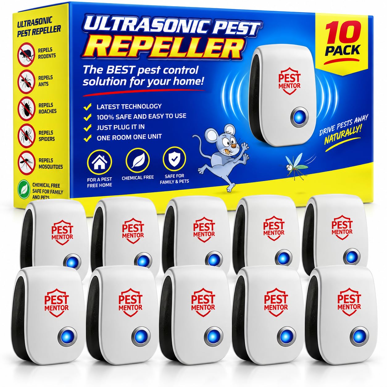 Repellente per parassiti a ultrasuoni, confezione da 10 pezzi, repellente per topi ad ultrasuoni, per insetti, scarafaggi, ragni, insetti, zanzare, parassiti per casa, garage, camper, hotel