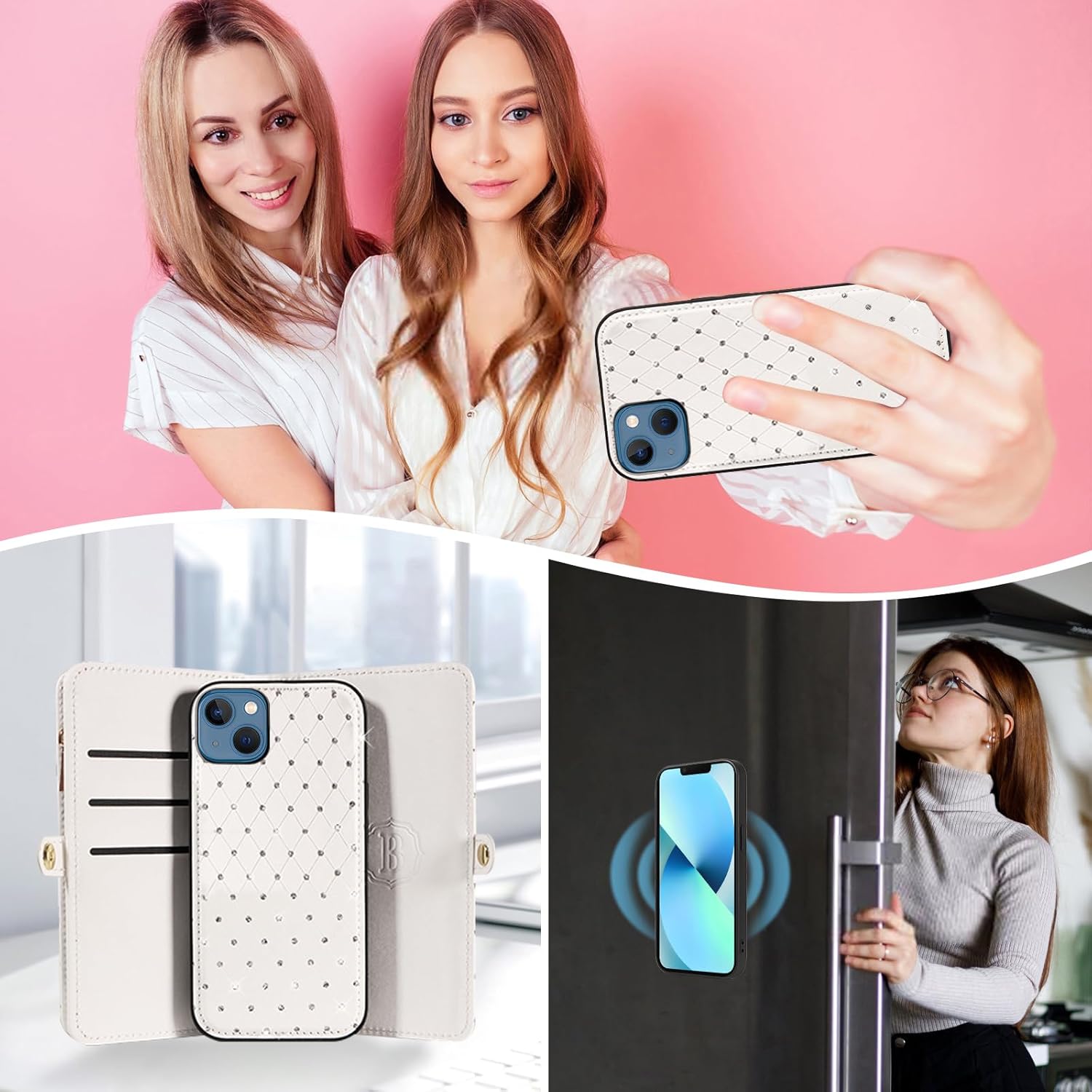 Asuwish Phone Case for iPhone 13 Mini 5.4 inch Zipper Wallet Cell Cover with Screen Protector Lanyard Strap Glitter Flip Card Holder Slot iPhone13mini i-Phone 13minicase i iPhone13 13mini Women White