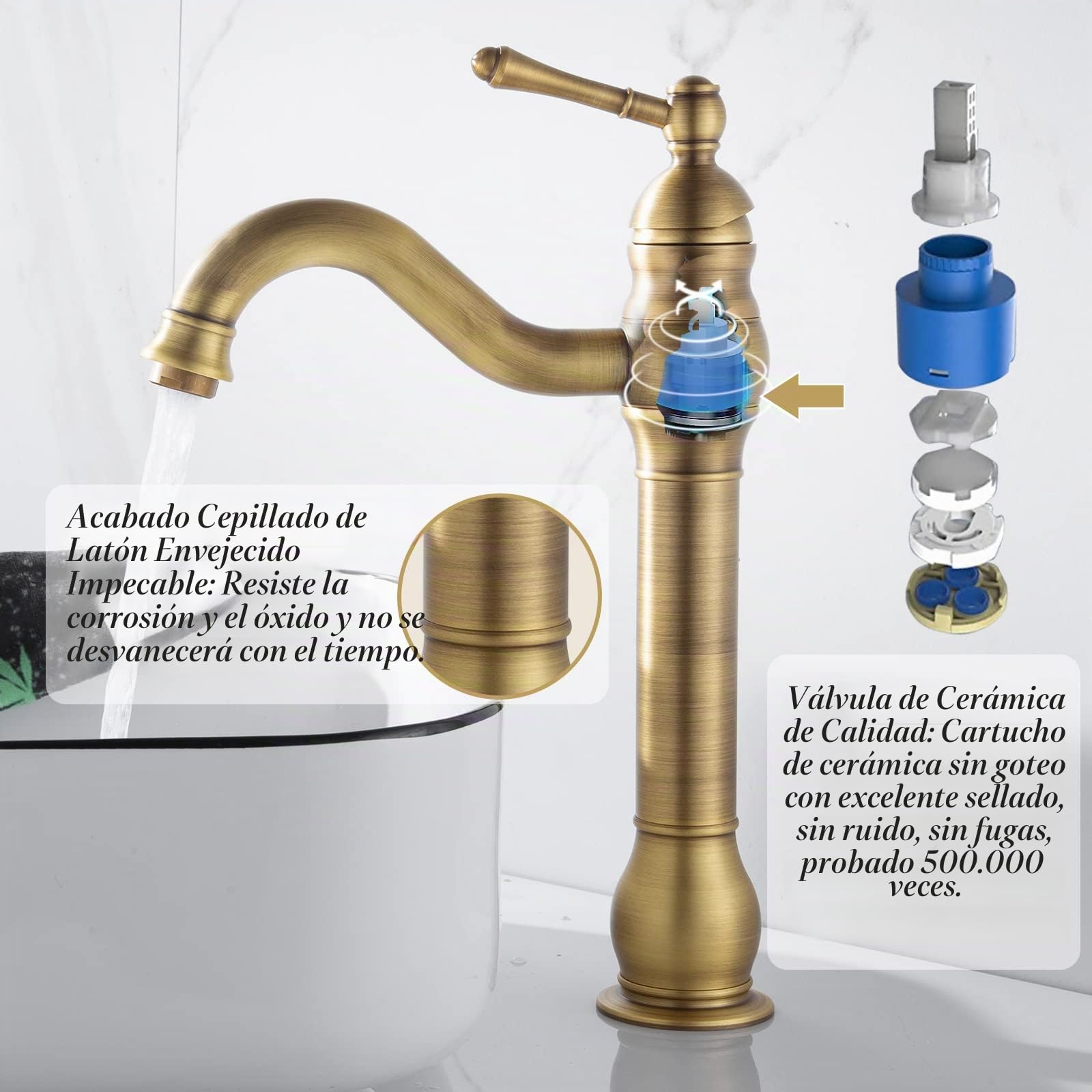 Grifo Lavabo Alto Retro, Grifo de Lavabo Monomando Vintage, Grifo Baño Lavabo Caño Alto Giratorio de 360°, Grifo de Agua Caliente y Fría Monomando de Baño, Latón Antiguo