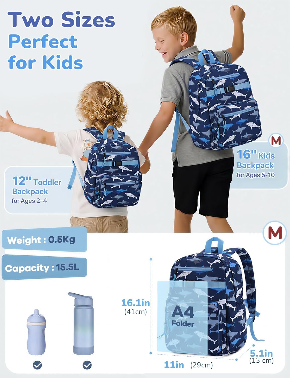 Kids Backpack for Boys Ages 5-10 | 16-Inch Shark Elementary School Bookbag | Water Resistant & Lightweight for Travel