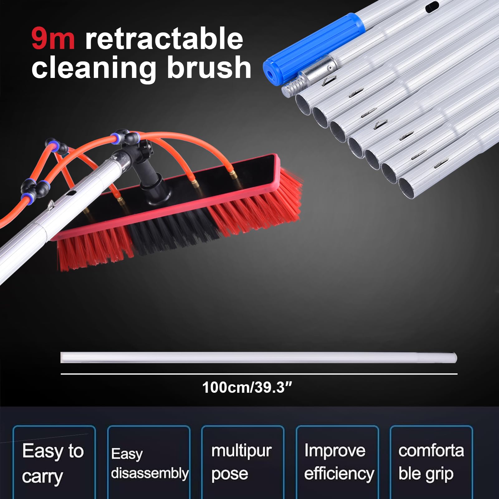 Kit de limpieza de paneles solares, limpieza de paneles solares, limpiador de cepillos ajustable, para ventanas altas, kit de limpieza con cabezal de cepillo giratorio, manguera de 20 m para placa