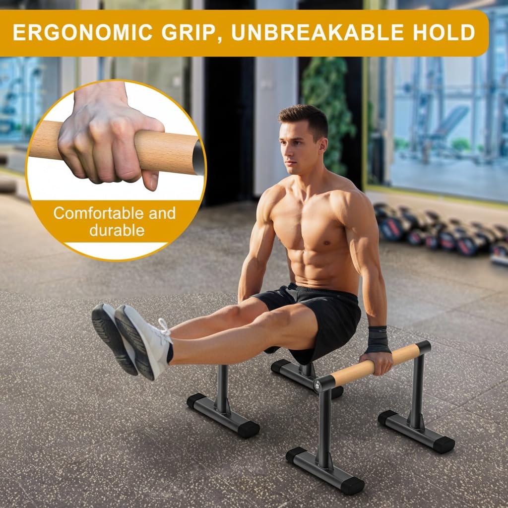 Kipika Parallette Bars für Calisthenics - Push Up & Dip Bar mit Holzgriffen, felsfreie Unterstützung für Handstand, L-Sit & Home Krafttraining, 272.2 kg Kapazität, 30.5 cm Höhe