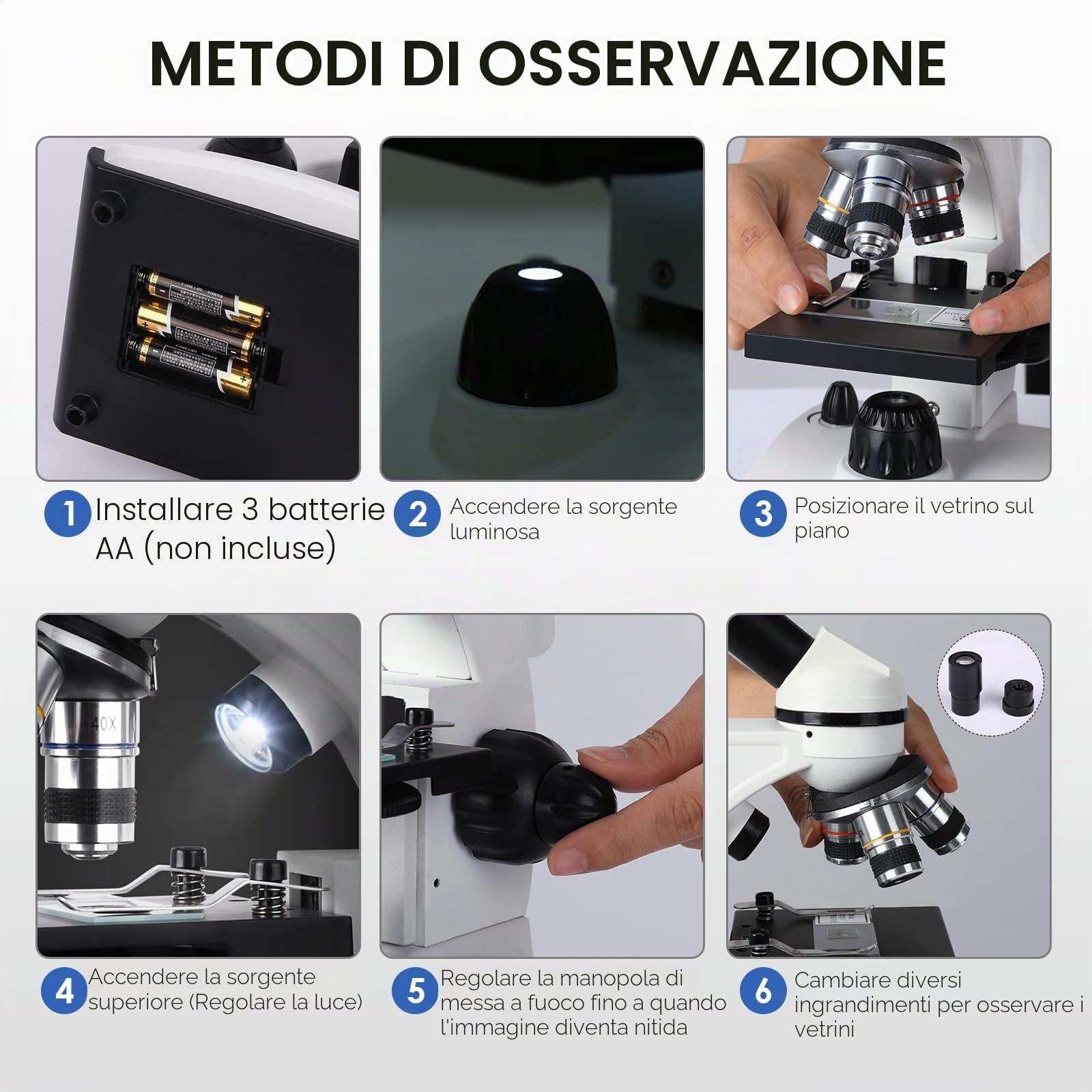 Microscopio professionale per adulti con adattatore per telefono, set di vetrini per microscopio per laboratorio scolastico, casa, ricerca scientifica biologica