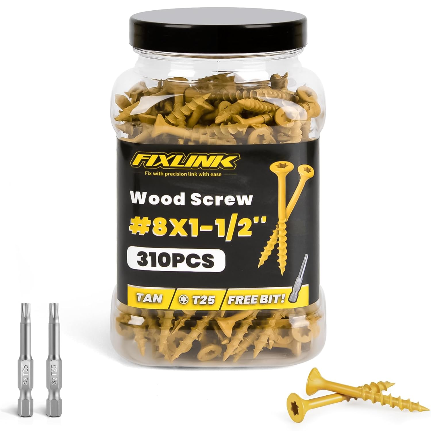 Wood Screws 1-1/2 Inch, FIXLINK Deck Screws #8 x 1-1/2″, 310 PCS, Epoxy Coated, T25 Star Bit Above 1500 Hour Salt Spray Coating Outdoor Decking Screws Excellent Rust Resistant for Wood Fence