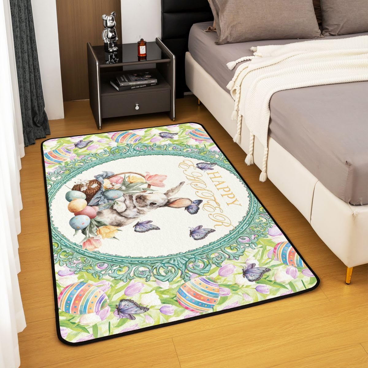 Feliz Pascua Sala de Estar Alfombra 150 x 200 cm Lindo Conejo Huevos Estampado Alfombra para Niños Niñas Acuarela Flores Tulipanes Mariposa Alfombra de Piso Decoración del Hogar
