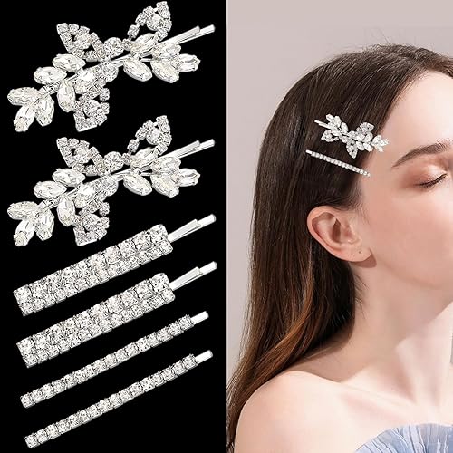BOYIVI 6 pinzas para el pelo de novia con diamantes de imitación, horquilla de boda de hoja, horquilla de cristal para el cabello, pasadores de