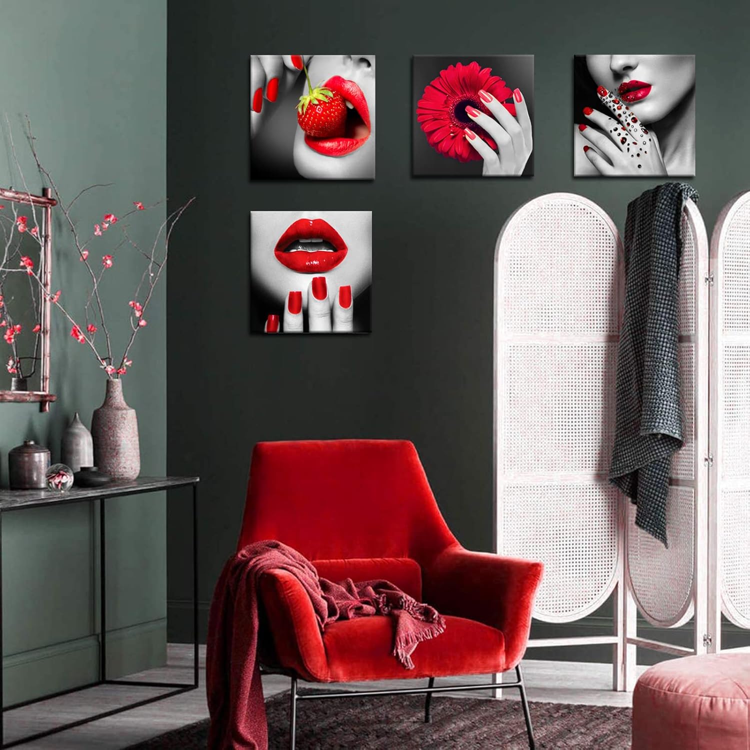 Biuteawal Modern Fashion Women Art Print Red Lip and Nail Canvas Prints Stylish Feminine Framed Wall Art Painting Make Up Artwork for Beauty Salon Girls Bedroom Bathroom Decoration Framed