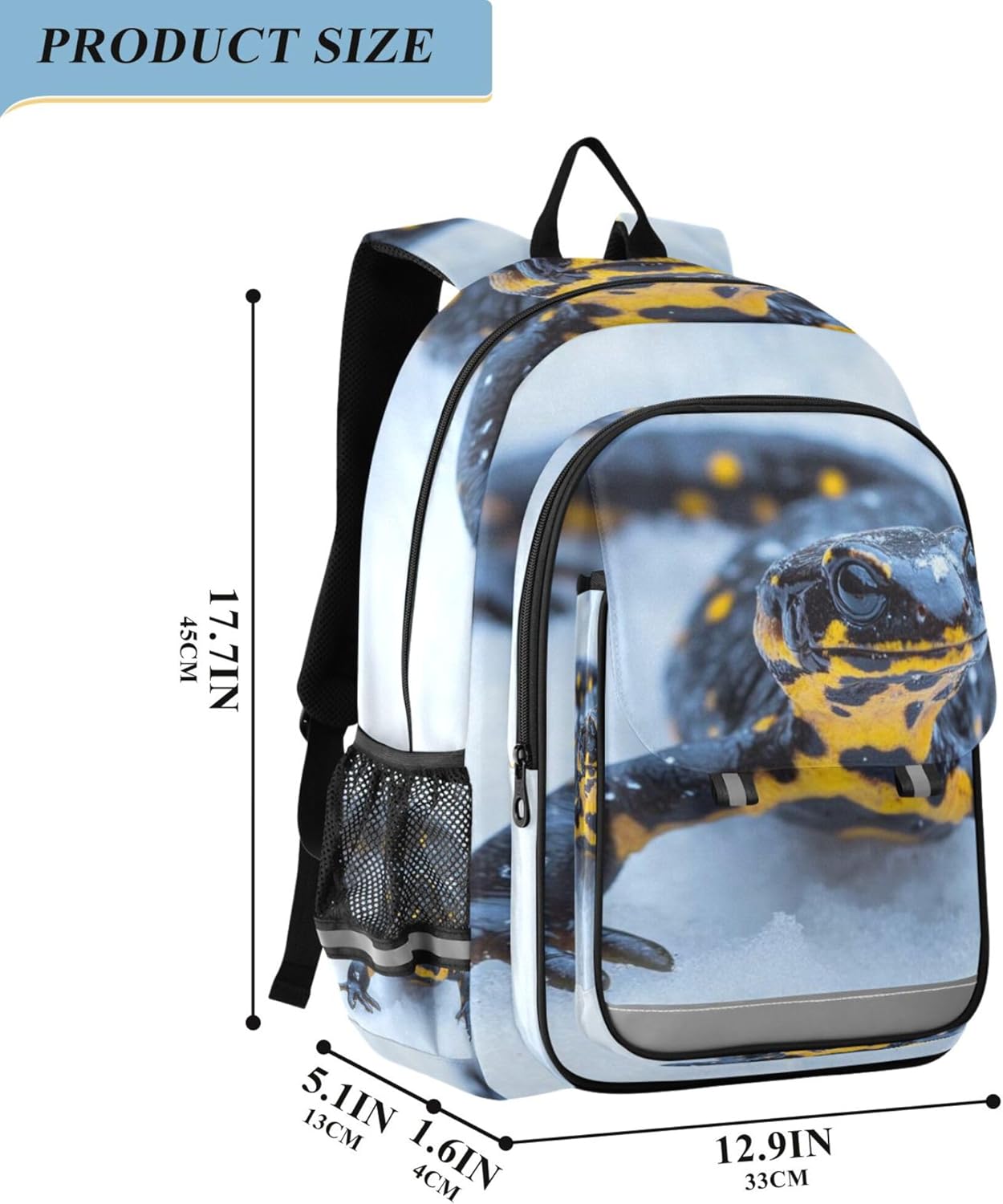Black and Yellow Salamander Backpack Lightweight Bookbag Laptop Backpack College School Bag for Teen Boys and Girls with Reflective Stripes