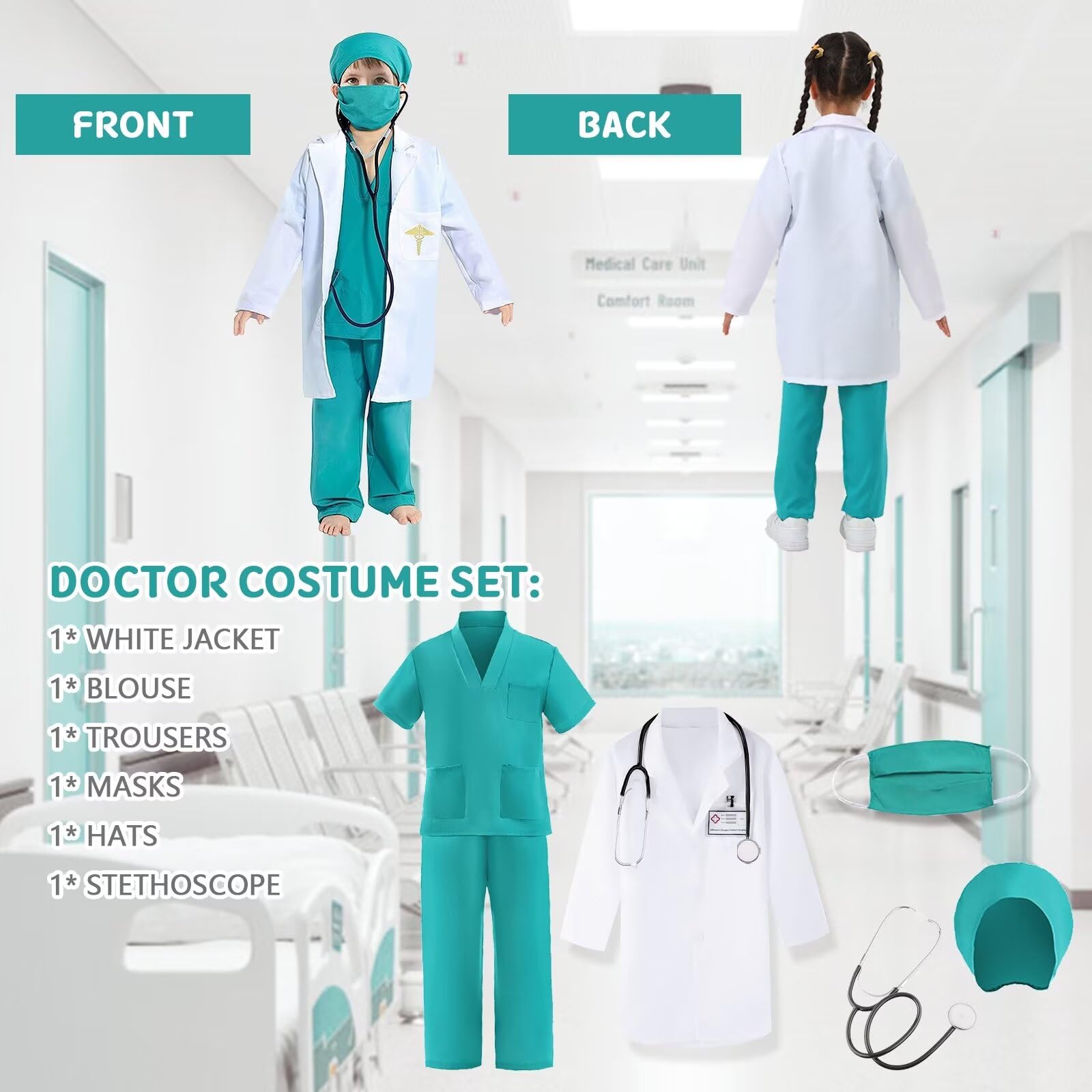 Costume da Dottore per Bambino Bambina Con Camice Dottore Scrub Stetoscopio Kit Dottore Chirurgo Medico Costume per Ragazzi Ragazze Gioco di Ruolo Carnevale Halloween Cosplay