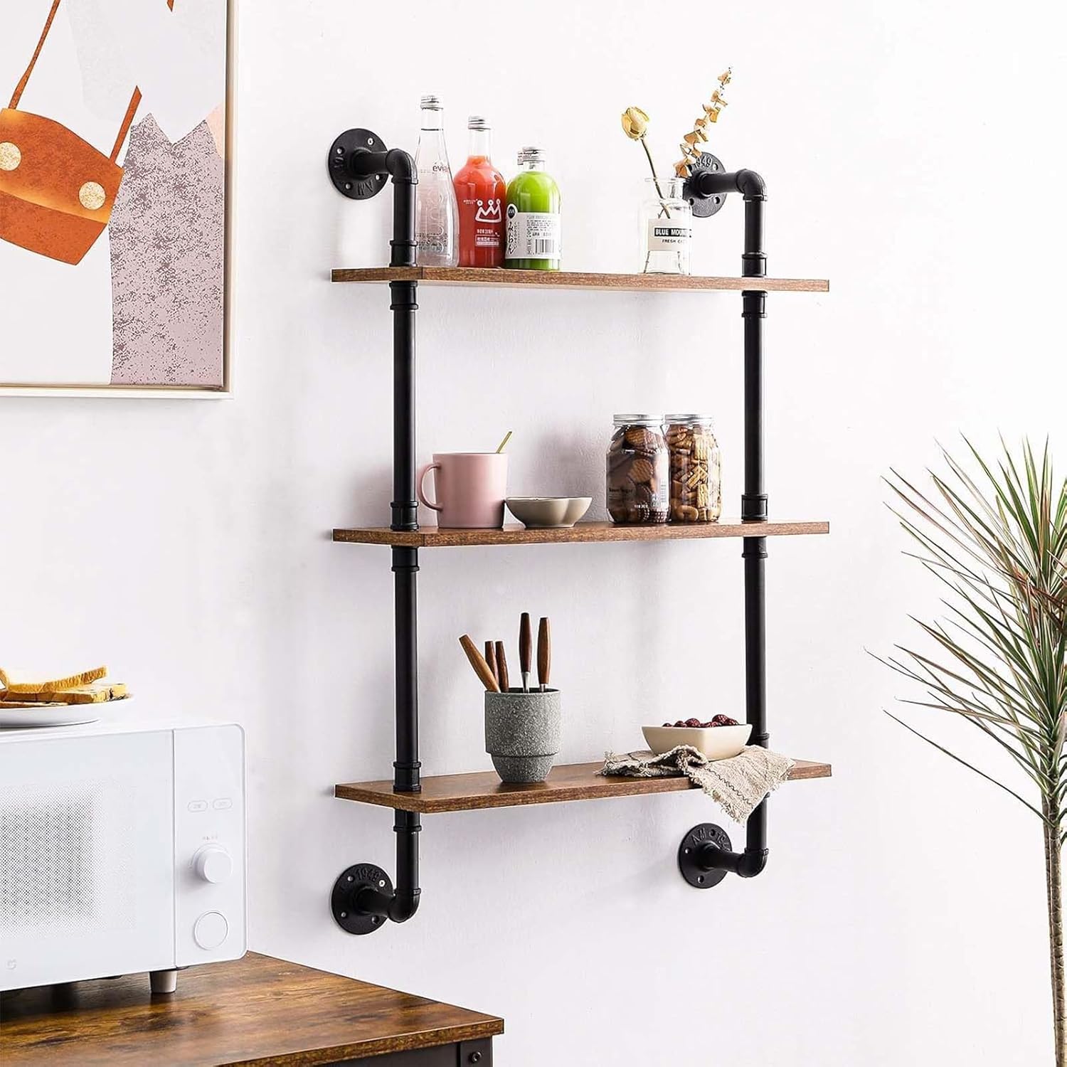 Kitchen Shelves Wall Mounted, 60x25x65cm 60x25x100cm Wood Floating Shelf, Hanging Display Ladder Rack Stand Wall Decor for Bedroom, Living Room, Coffee Bar(150x25x100cm) ()