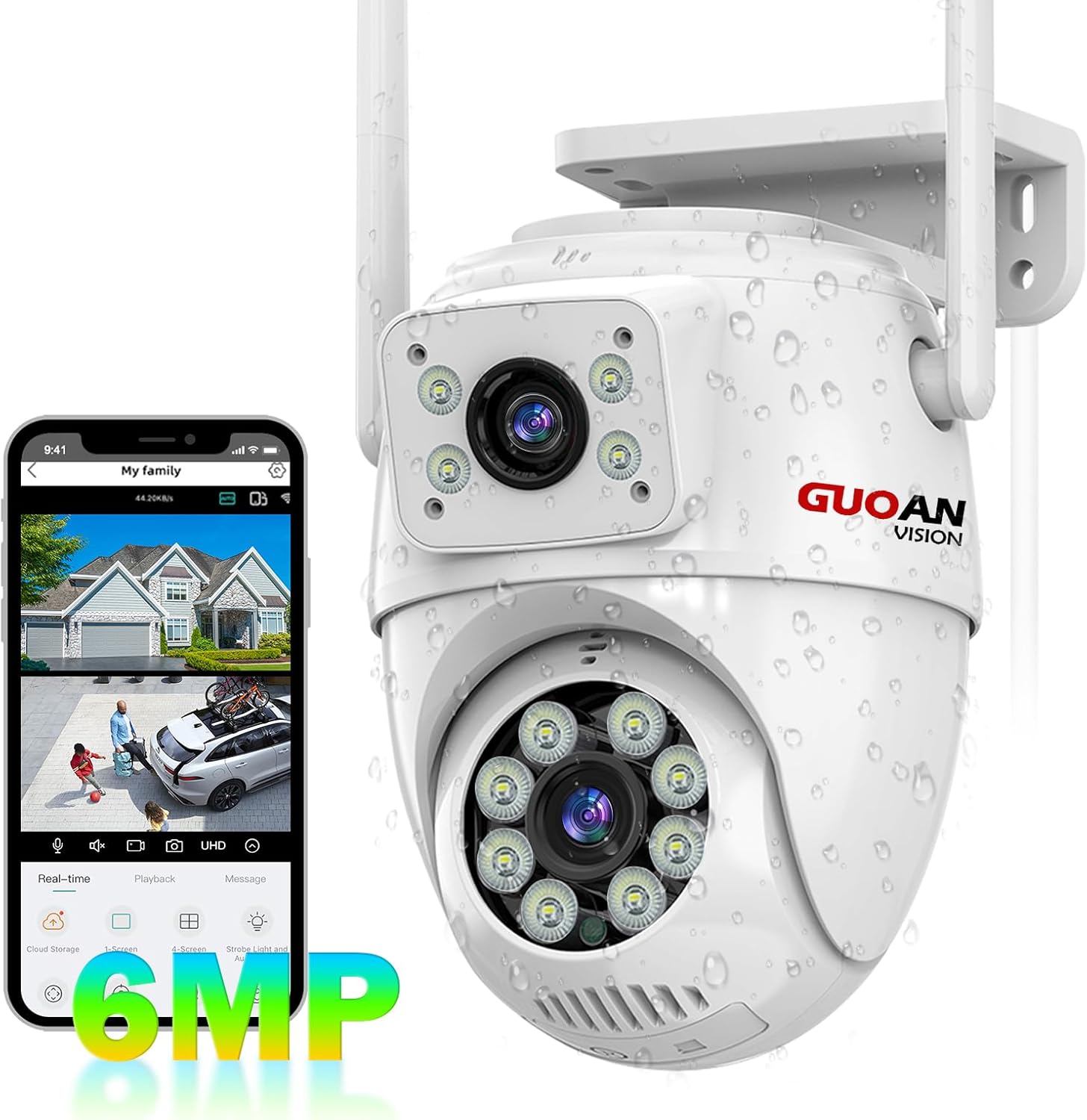 Security Camera Outdoor,【6MP Dual Lens Linkage】WiFi CCTV Camera, 2.4G WiFi PTZ Wired Outside Cameras for House Security with Night Vision, Auto Tracking, 24/7 Recording, IP66 Waterproof, SD/Cloud